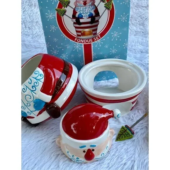 NIB NEW Boston Warehouse 7 PC HO HO HO Ceramic Santa Clause Fondue Set - Picture 10 of 14